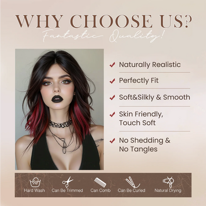 Short Natural Wavy Synthetic Wig 12inch Black Highlight Red Hair Wigs For Women Daily T-part Bob Wig Christmas Party Cosplay Wig