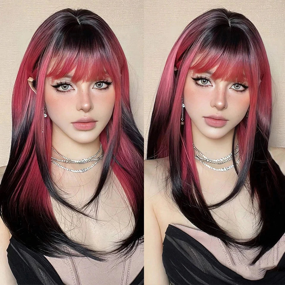 Long Wavy Wave Ombre Black Brown Purple Cosplay Wigs Heat Resistant Synthetic Wigs Middle Part Natural Lolita Wigs For Women