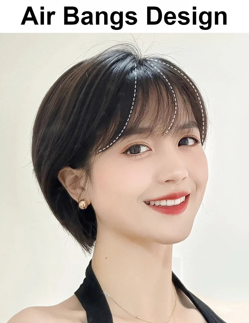 100% Human Hair Short Wig with Bangs Fashionable Women Natural Looking Black Hairpiece Breathable Cap Wig for Daily Wear Cosplay