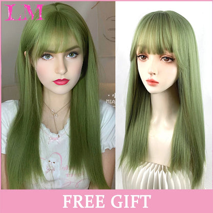 LM Synthetic Long Straight Lolita Wig with Bangs Wig Girl Cute Ombre Pink Blonde Black Cosplay Party Halloween Harajuku Wig