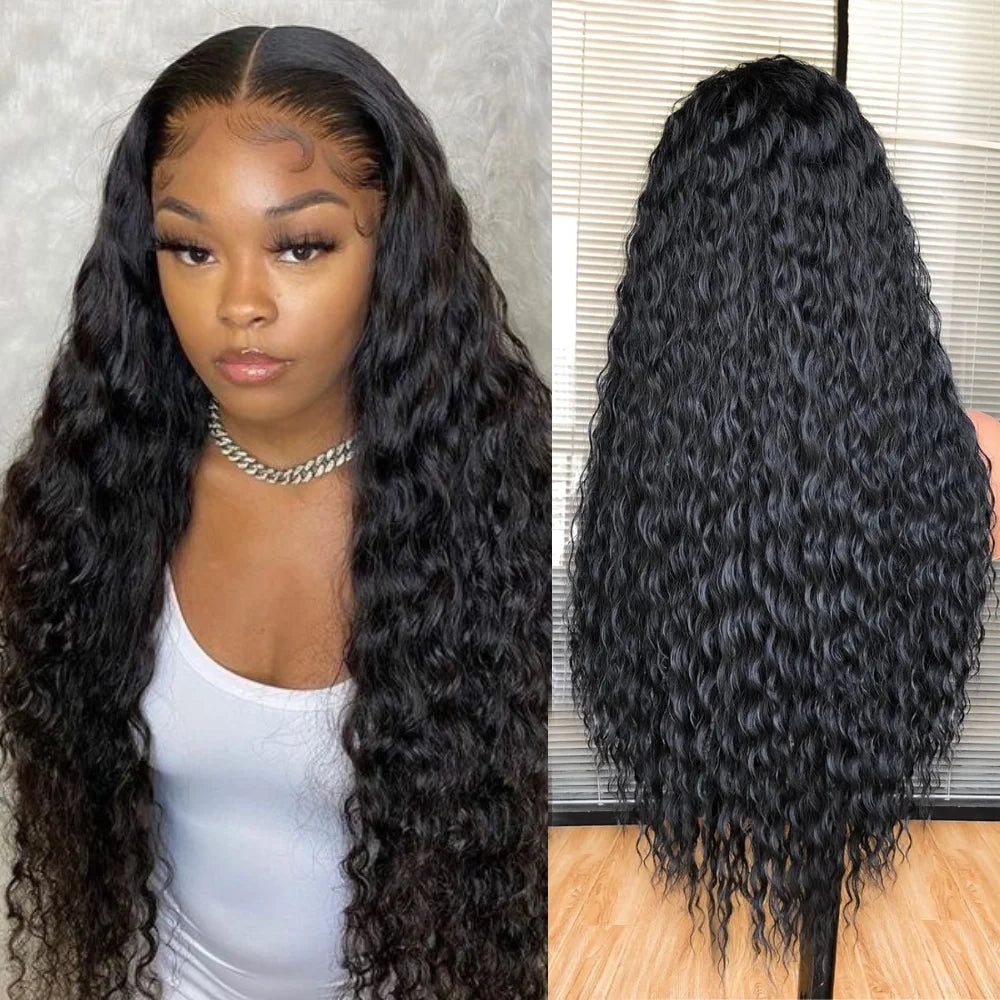 Black Long Curly Lace Front 13*3 Wigs for Black Women Long Deep Wave Synthetic Wigs with Baby Hair Heat Resistant Fiber Glueless