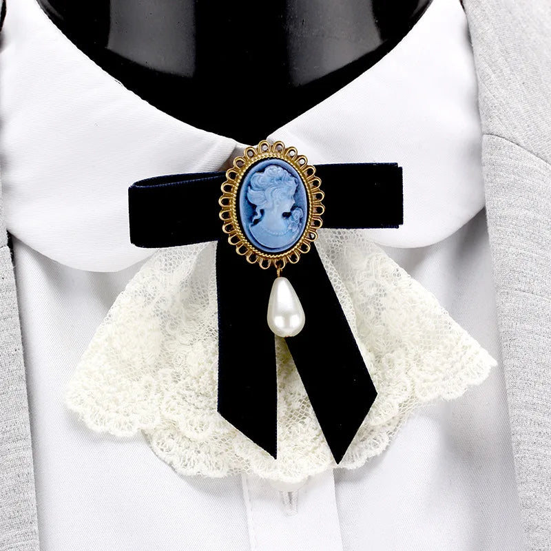 Women New Retro Handmade Lace Imitation Pearl Velvet Sweater Pin Coat Bow Brooch H1294