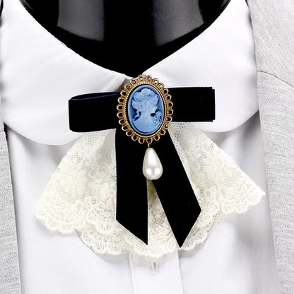 Women New Retro Handmade Lace Imitation Pearl Velvet Sweater Pin Coat Bow Brooch H1294