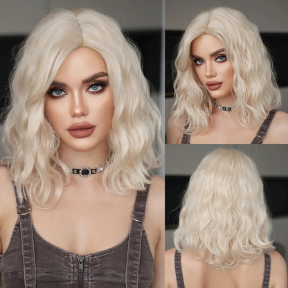 NAMM High Density Synthetic Middle Part Blonde White Wig For Women Daily Short Wavy Bob Wigs With Curtain Bangs Glueless Wig