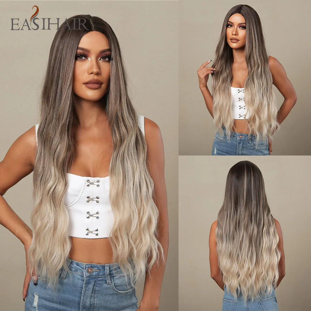 EASIHAIR Ombre Brown Light Blonde Platinum Long Wavy Middle Part Hair Wig Cosplay Natural Heat Resistant Synthetic Wig for Women