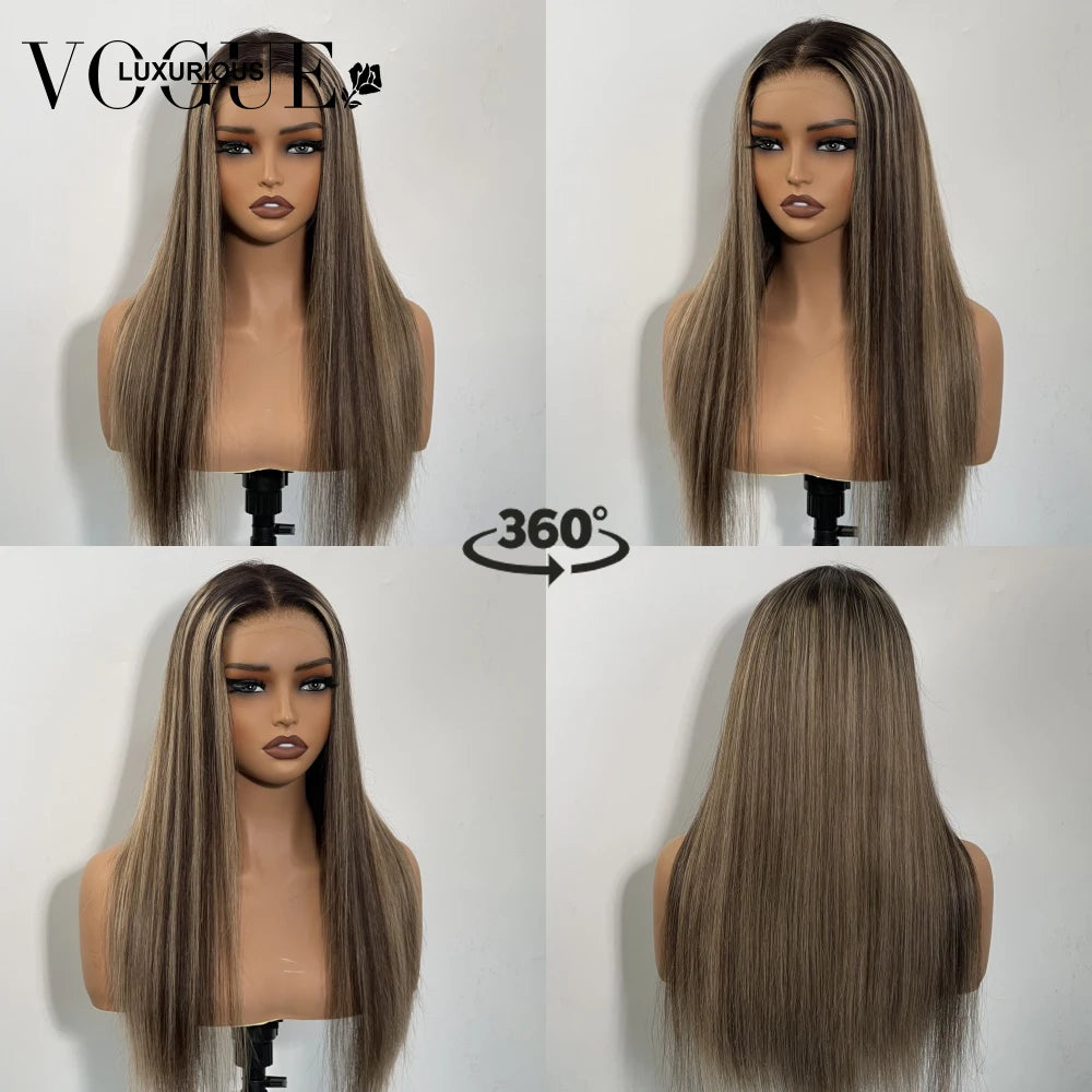 Highlight Brown Blonde 100% Human Hair Wig  for Women Synthetic Dark Brown Highlight Wig  Natural Straight for Daily Party Use