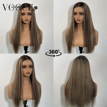 Highlight Brown Blonde 100% Human Hair Wig  for Women Synthetic Dark Brown Highlight Wig  Natural Straight for Daily Party Use