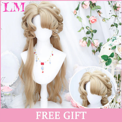 LM Synthetic Long Straight Lolita Wig with Bangs Wig Girl Cute Ombre Pink Blonde Black Cosplay Party Halloween Harajuku Wig