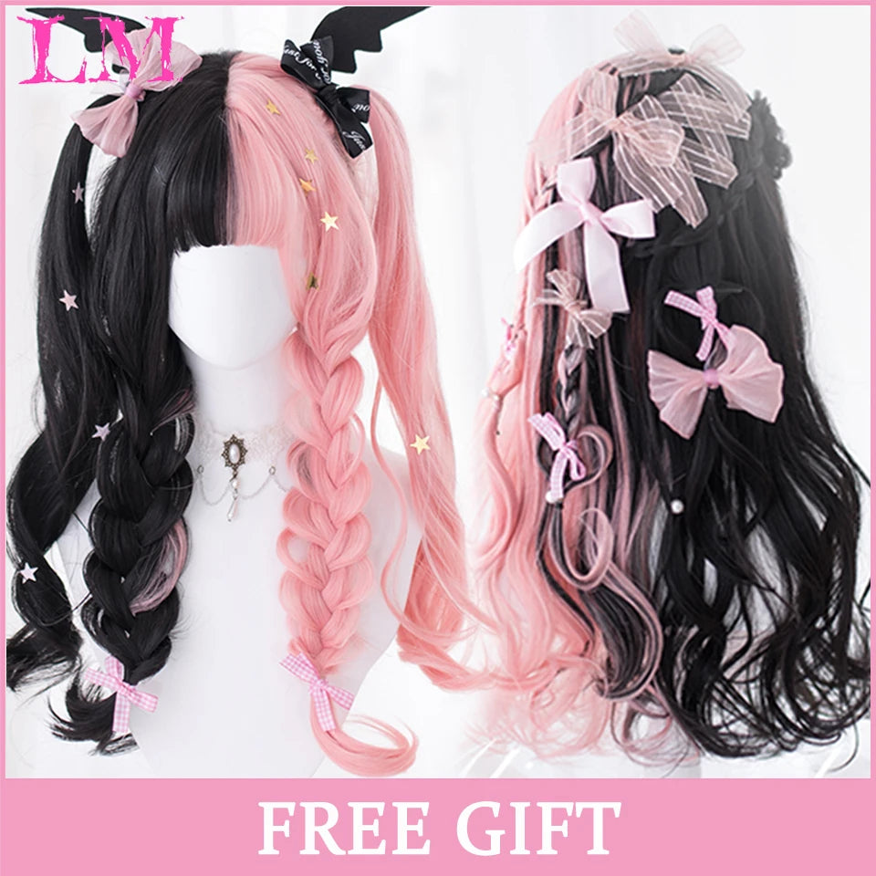 LM Synthetic Long Straight Lolita Wig with Bangs Wig Girl Cute Ombre Pink Blonde Black Cosplay Party Halloween Harajuku Wig