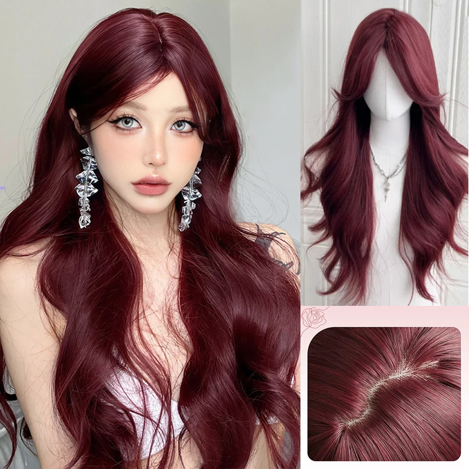 Long Wavy Wave Ombre Black Brown Purple Cosplay Wigs Heat Resistant Synthetic Wigs Middle Part Natural Lolita Wigs For Women