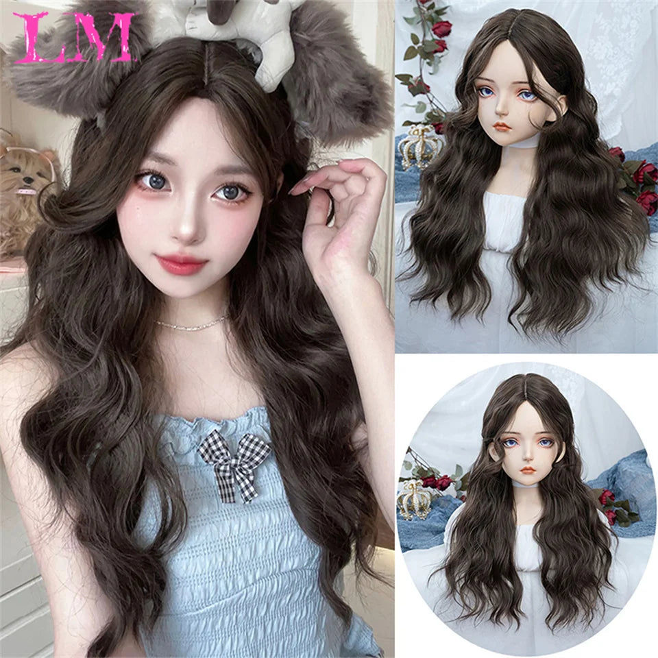 LM Synthetic Long Straight Lolita Wig with Bangs Wig Girl Cute Ombre Pink Blonde Black Cosplay Party Halloween Harajuku Wig