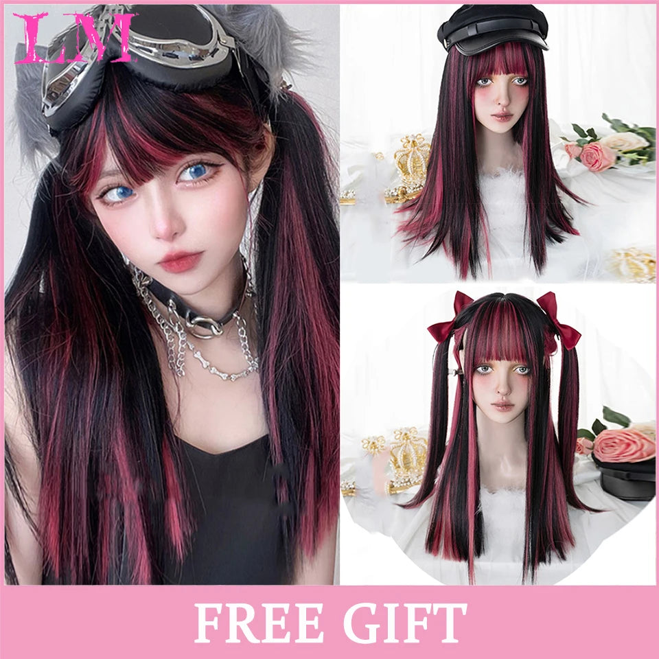 LM Synthetic Long Straight Lolita Wig with Bangs Wig Girl Cute Ombre Pink Blonde Black Cosplay Party Halloween Harajuku Wig