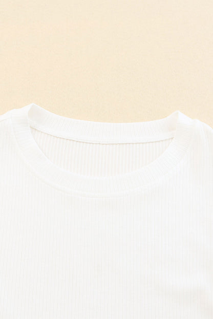 Beige Dotty Mesh Ruffle Sleeve Ribbed Knit Top