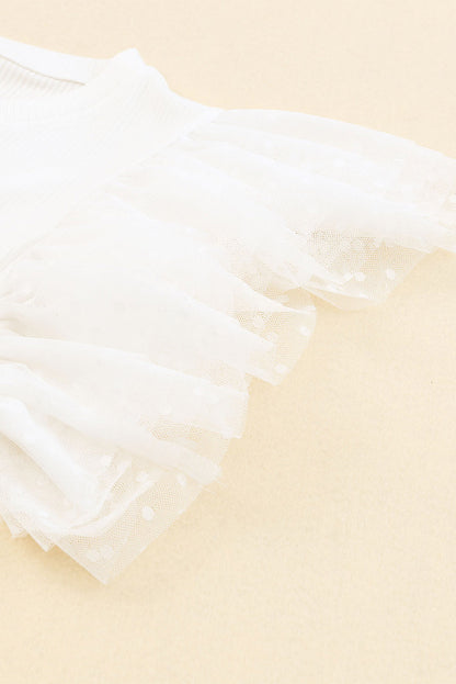 Beige Dotty Mesh Ruffle Sleeve Ribbed Knit Top