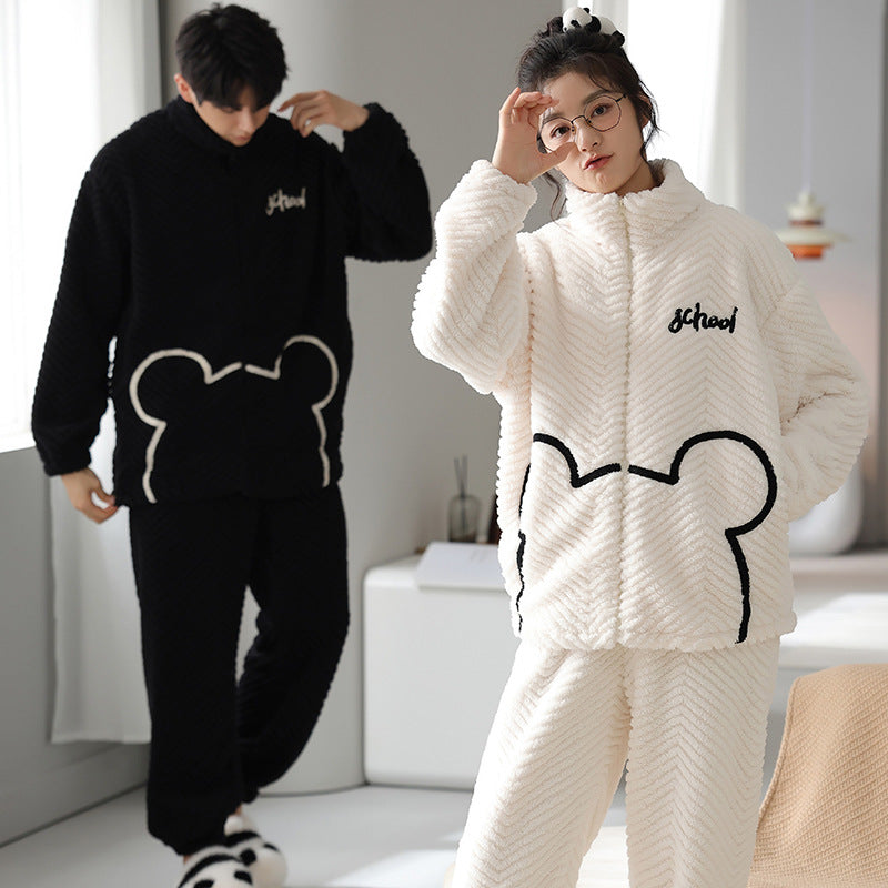 Flannel Couple Pajamas Men's Autumn And Winter Thickened Keep Warm New Zipper Cardigan Cute Coral Fleece Homewear