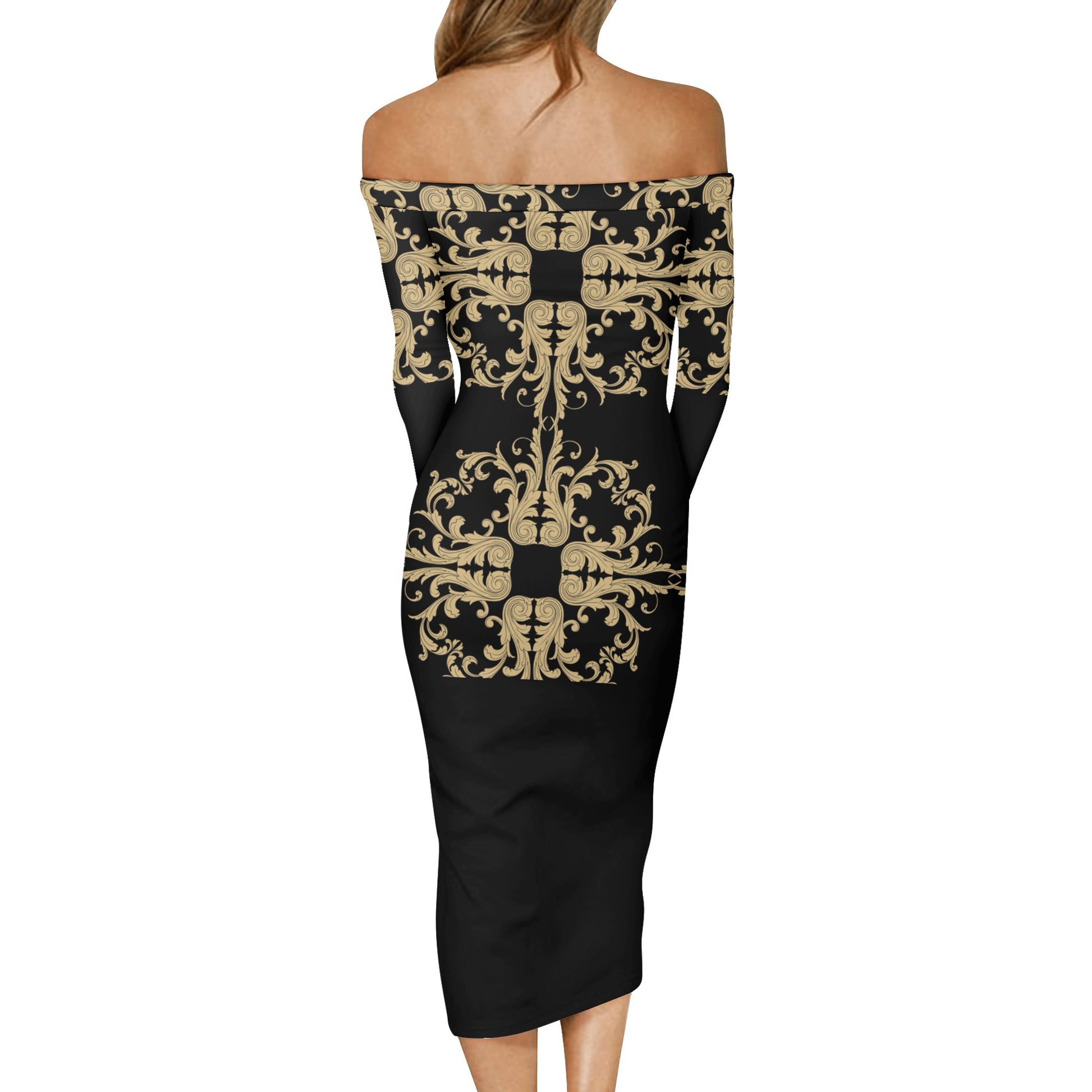 Women's Long Sleeve Off The Shoulder Lady Dress Half Rococco Black (Designed by Dunbi) PopCustoms