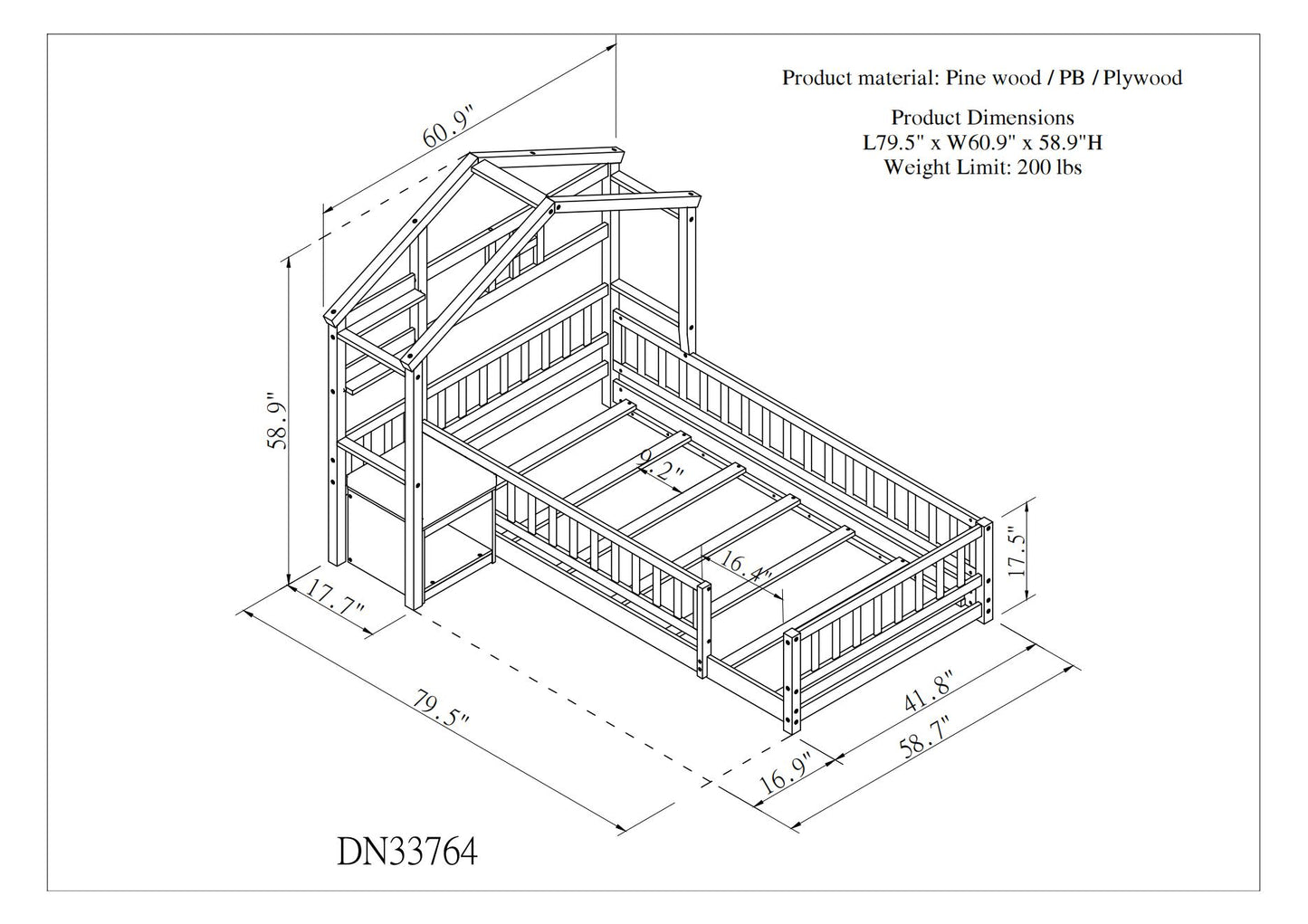 Twin Size House-Style Headboard Floor Bed with Fence Guardrails, Cushion Stand ,White