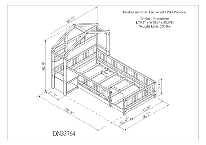 Twin Size House-Style Headboard Floor Bed with Fence Guardrails, Cushion Stand ,White