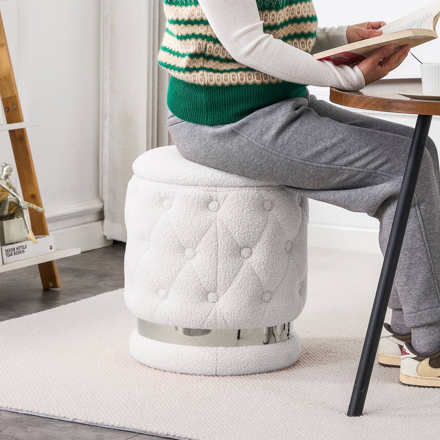 Chair White Round-shape Teddy velvet Makeup Stool Footstool, chair with storage space .Applicable to living room dresser kitchen bedroom dining room
