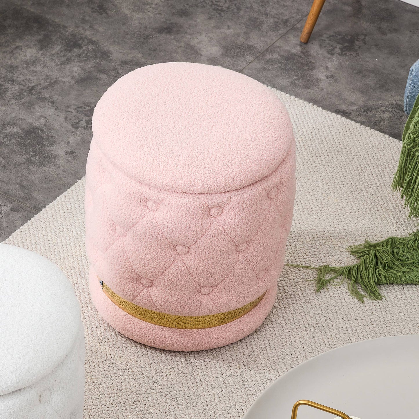 Chair Pink Round-shape Teddy velvet Makeup Stool Footstool, chair with storage space .Applicable to living room dresser kitchen bedroom dining room