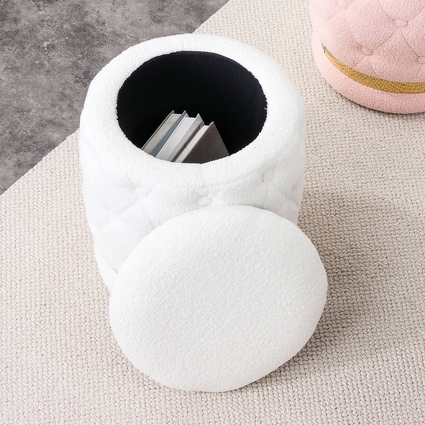 Chair White Round-shape Teddy velvet Makeup Stool Footstool, chair with storage space .Applicable to living room dresser kitchen bedroom dining room