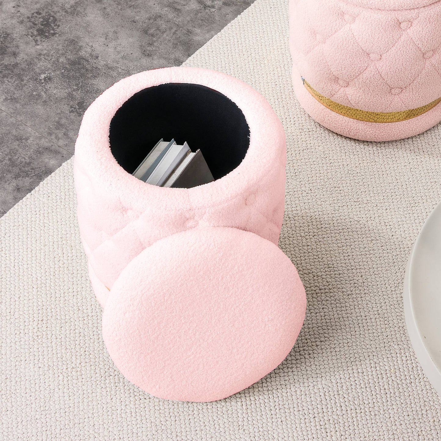 Chair Pink Round-shape Teddy velvet Makeup Stool Footstool, chair with storage space .Applicable to living room dresser kitchen bedroom dining room