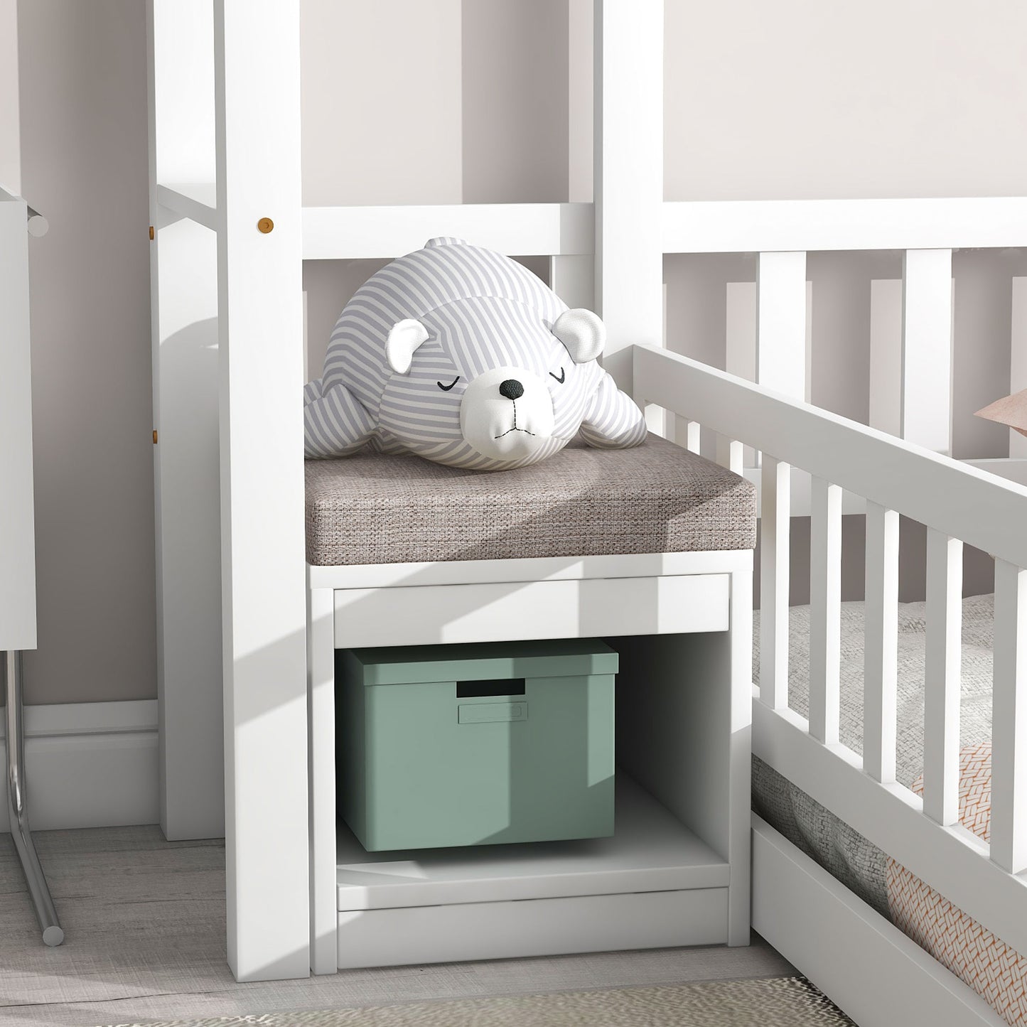 Twin Size House-Style Headboard Floor Bed with Fence Guardrails, Cushion Stand ,White