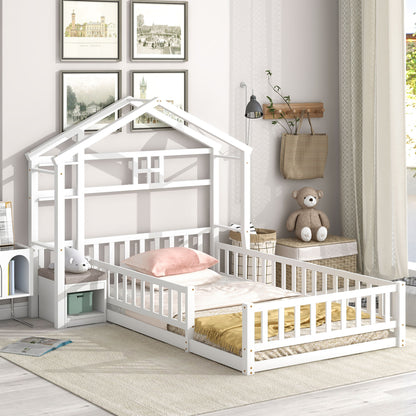 Twin Size House-Style Headboard Floor Bed with Fence Guardrails, Cushion Stand ,White
