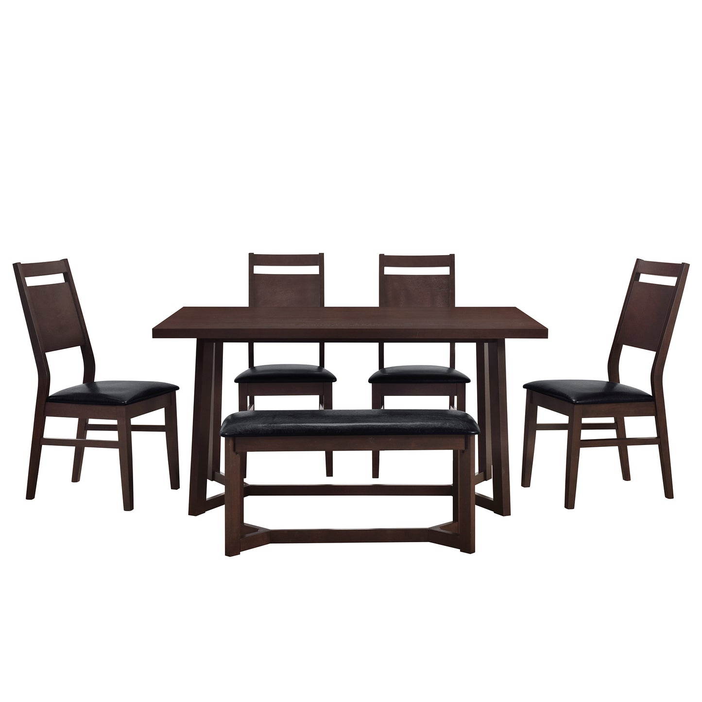 TOPMAX Farmhouse 6-Piece Wood Dining Table Set with 4 Upholstered Chairs and Bench, Dark Brown