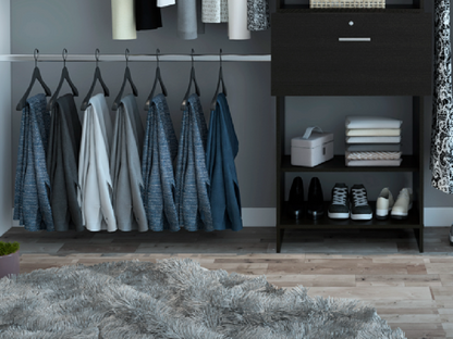 Plego 70&quot;W - 118&quot;W Drawers Closet System, One Drawer,Three Hanging Rods, Five Shelves -Black