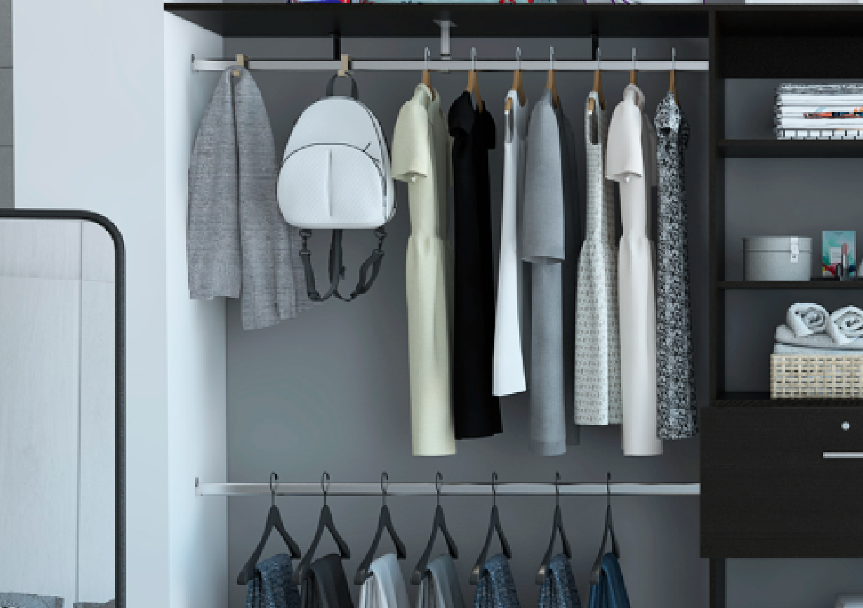 Plego 70&quot;W - 118&quot;W Drawers Closet System, One Drawer,Three Hanging Rods, Five Shelves -Black