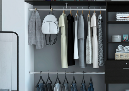 Plego 70&quot;W - 118&quot;W Drawers Closet System, One Drawer,Three Hanging Rods, Five Shelves -Black