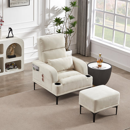 Accent Chairs with Ottoman, Velvet Fabric Armchair with Ottoman for Bedroom Living Room, Modern Chair with cup holder, Adjustable Backrest and Side Pockets.