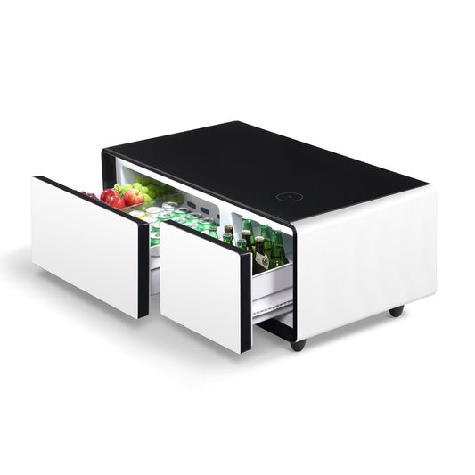 Modern Smart Coffee Table with Built in Fridge, Outlet Protection,Wireless Charging, Mechanical Temperature Control, Power Socket, USB Interface and Ice Water Interface, White