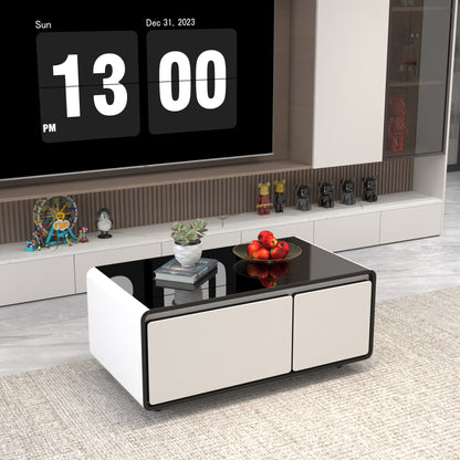Modern Smart Coffee Table with Built in Fridge, Outlet Protection,Wireless Charging, Mechanical Temperature Control, Power Socket, USB Interface and Ice Water Interface, White