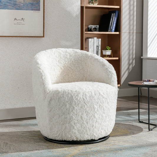 A&amp;A Furniture,Artificial Rabbit Hair Fabric Swivel Accent Armchair Barrel Chair With Black Powder Coating Metal Ring,360° swivel feature make this modern armchair,Ivory White