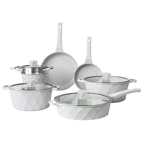 Country Kitchen Nonstick Induction Cookware Sets - 11 Piece Cast Aluminum Pots and Pans with BAKELITE Handles And Glass Lids (Diamond Cream)
