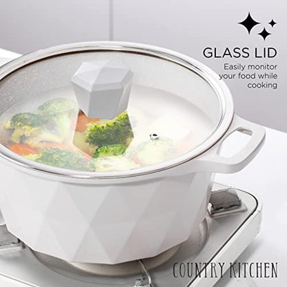 Country Kitchen Nonstick Induction Cookware Sets - 11 Piece Cast Aluminum Pots and Pans with BAKELITE Handles And Glass Lids (Diamond Cream)