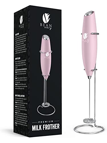 Bean Envy Milk Frother for Coffee - Handheld, Mini Electric Drink Mixer, Foamer & Frother with Stand for Coffee, Lattes, Hot Chocolates and Shakes - Pink