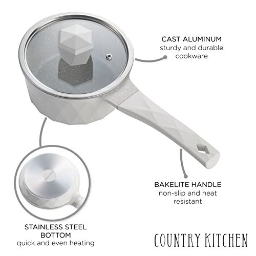 Country Kitchen Nonstick Induction Cookware Sets - 11 Piece Cast Aluminum Pots and Pans with BAKELITE Handles And Glass Lids (Diamond Cream)