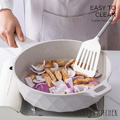 Country Kitchen Nonstick Induction Cookware Sets - 11 Piece Cast Aluminum Pots and Pans with BAKELITE Handles And Glass Lids (Diamond Cream)