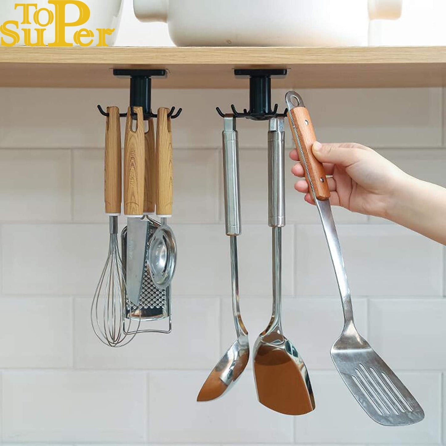 6 Hooks Kitchen Rack Kitchen Organizer Home Accessories 360 Degrees Rotating Cabinet Hanger Utensils For Kitchen Convenience - DunbiBeauty, LLC