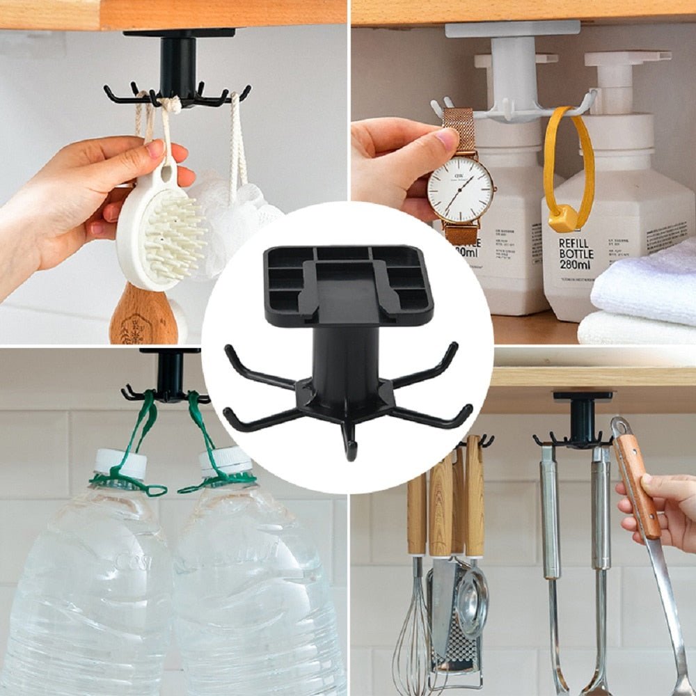 6 Hooks Kitchen Rack Kitchen Organizer Home Accessories 360 Degrees Rotating Cabinet Hanger Utensils For Kitchen Convenience - DunbiBeauty, LLC