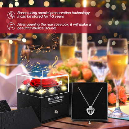 Palqfl Preserved Red Real Rose with Heart I Love You Necklace - Eternal Flowers Rose Romantic Gifts Box for Her Girlfriend Mom Wife Grandma on Valentines Mothers Day Christmas Anniversary (Red)