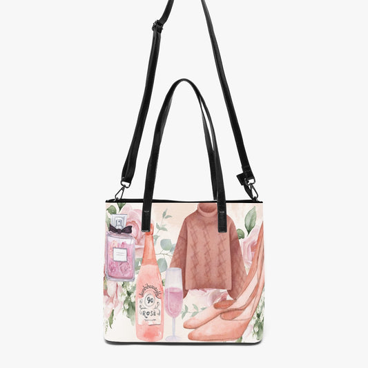Double-Side Printing PU Tote Bag  Dusty Rose, Pink, Perfume, High Heels Champagne & Roses, Aesthetic, Feminine, Fashion (Designed by Dunbi)