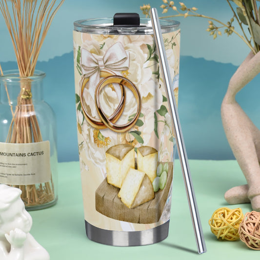 Tumbler 20oz (with Straw) The Lovely Bride, Wedding, High Heels, Wedding Dress, Bouquet, White, Rings, Cheese Board, White Grapes, Champagne, Tie the Knot (Designed by Dunbi)