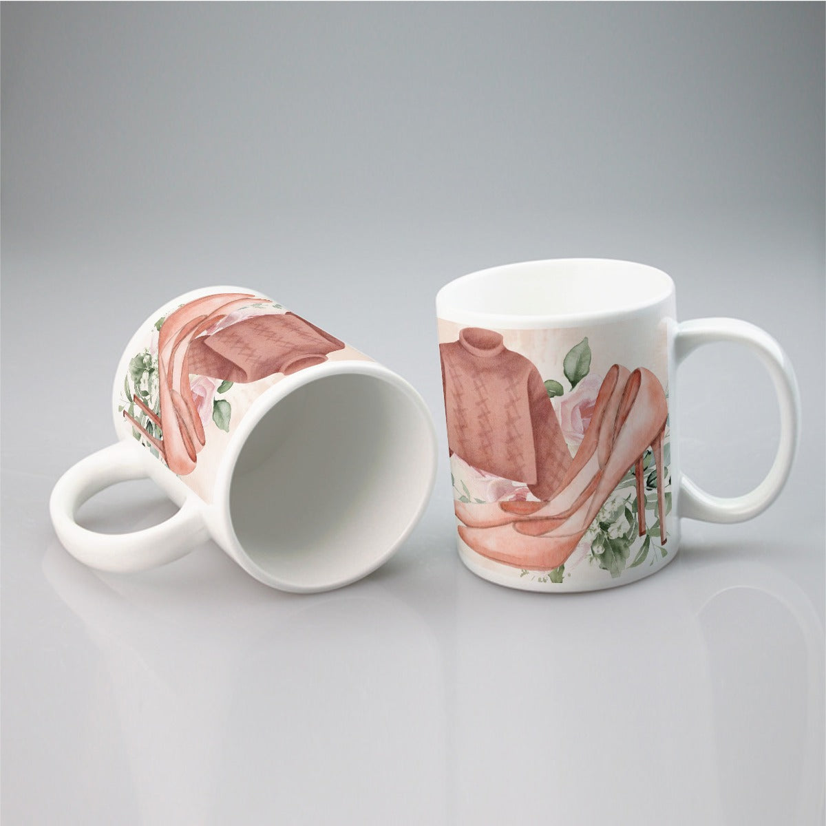 All-over print mug  Dusty Rose, Pink, Perfume, High Heels Champagne & Roses, Aesthetic, Feminine, Fashion (Designed by Dunbi)