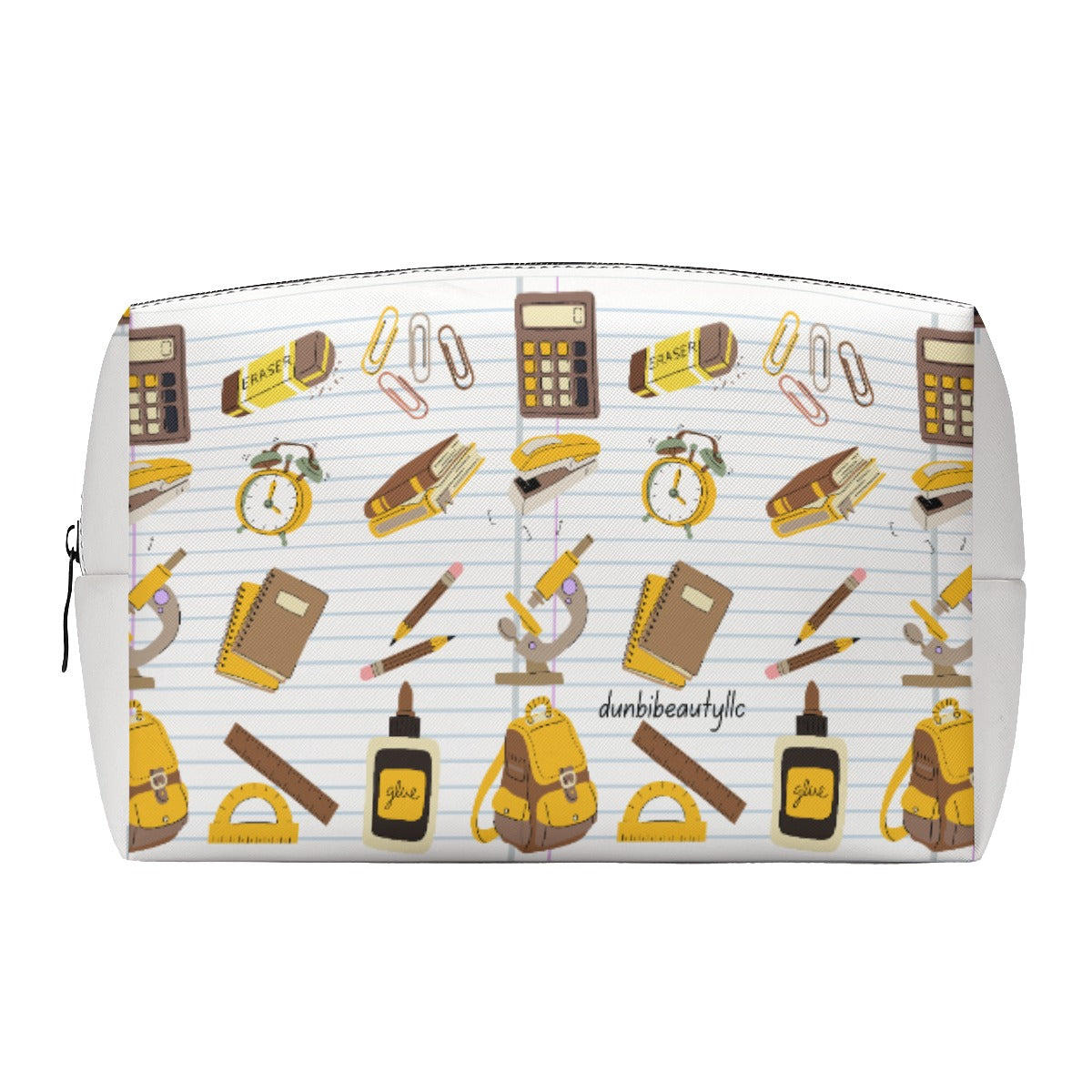 PU Cosmetic Bag Back to School, Teacher, Student, Notebooks, School Supplies, Backpack, Brown, Gold, Gray, Notebook Paper (Designed by Dunbi)