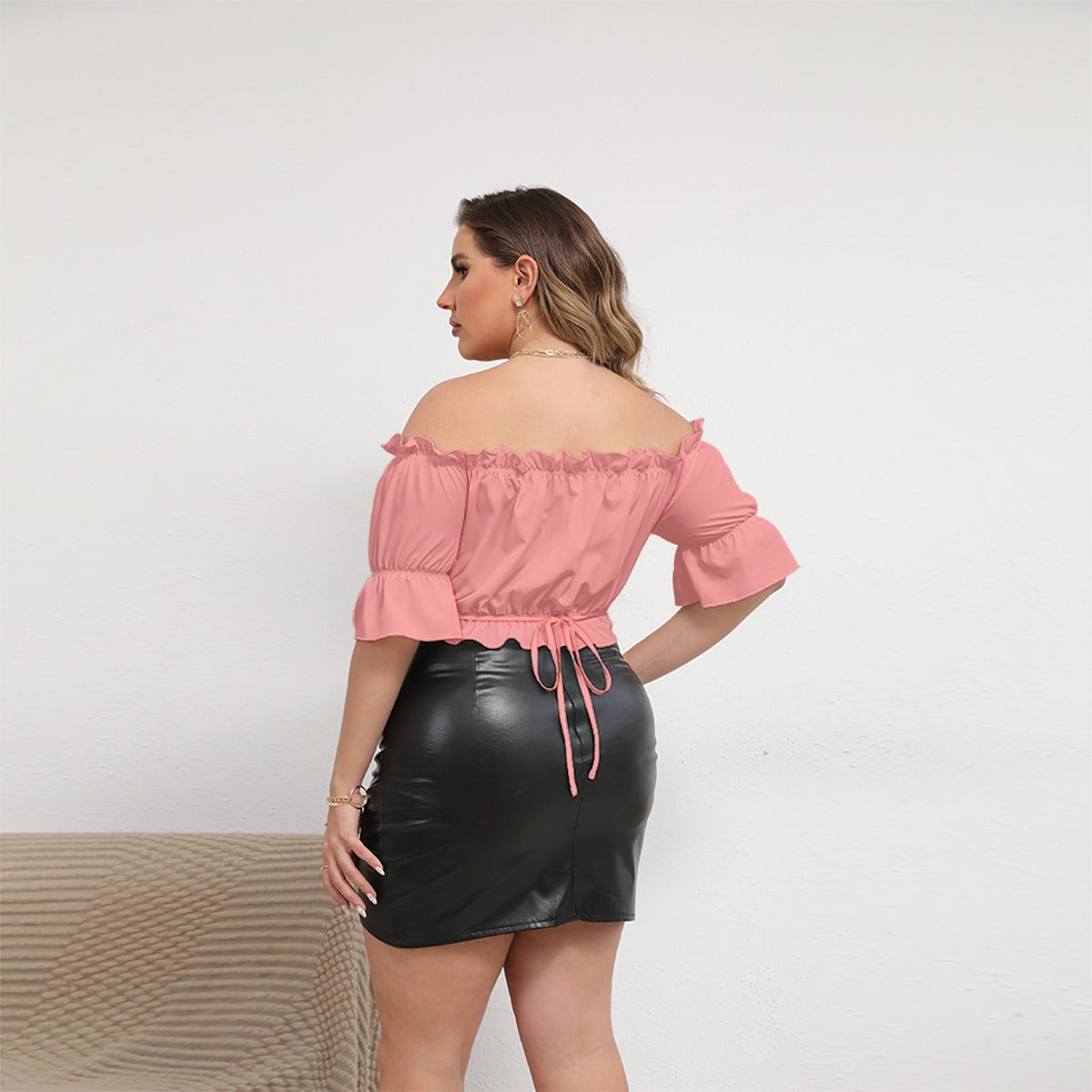 All-Over Print Women's Off-shoulder Cropped Top With Short Puff Sleeve Love Up in a Hot Air Balloon, Paris, Eiffel Tower, Dove, Flowers, Girl, Sky, Hearts (Designed by Dunbi)