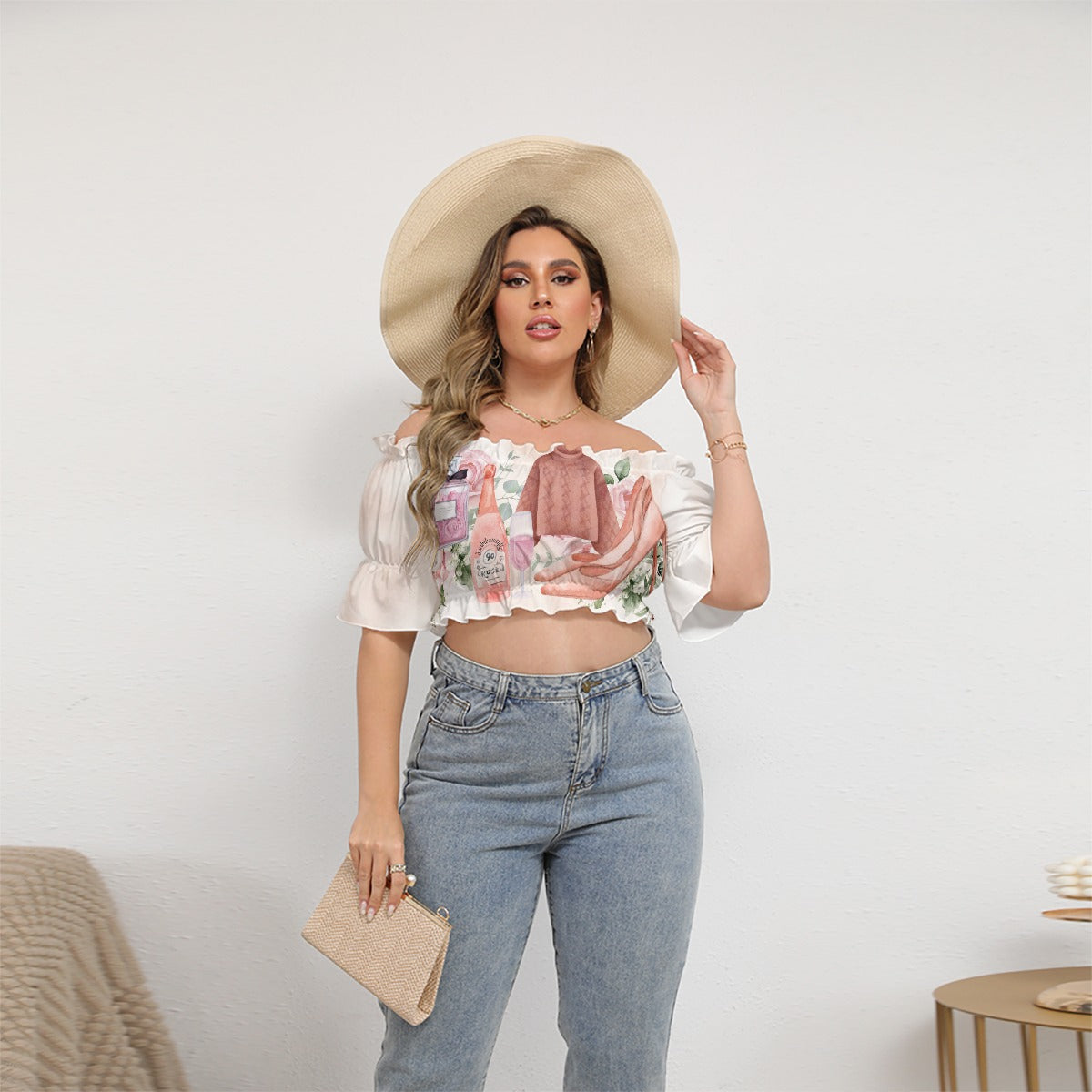 All-Over Print Women's Off-shoulder Cropped Top With Short Puff Sleeve  Dusty Rose, Pink, Perfume, High Heels Champagne & Roses, Aesthetic, Feminine, Fashion (Designed by Dunbi)
